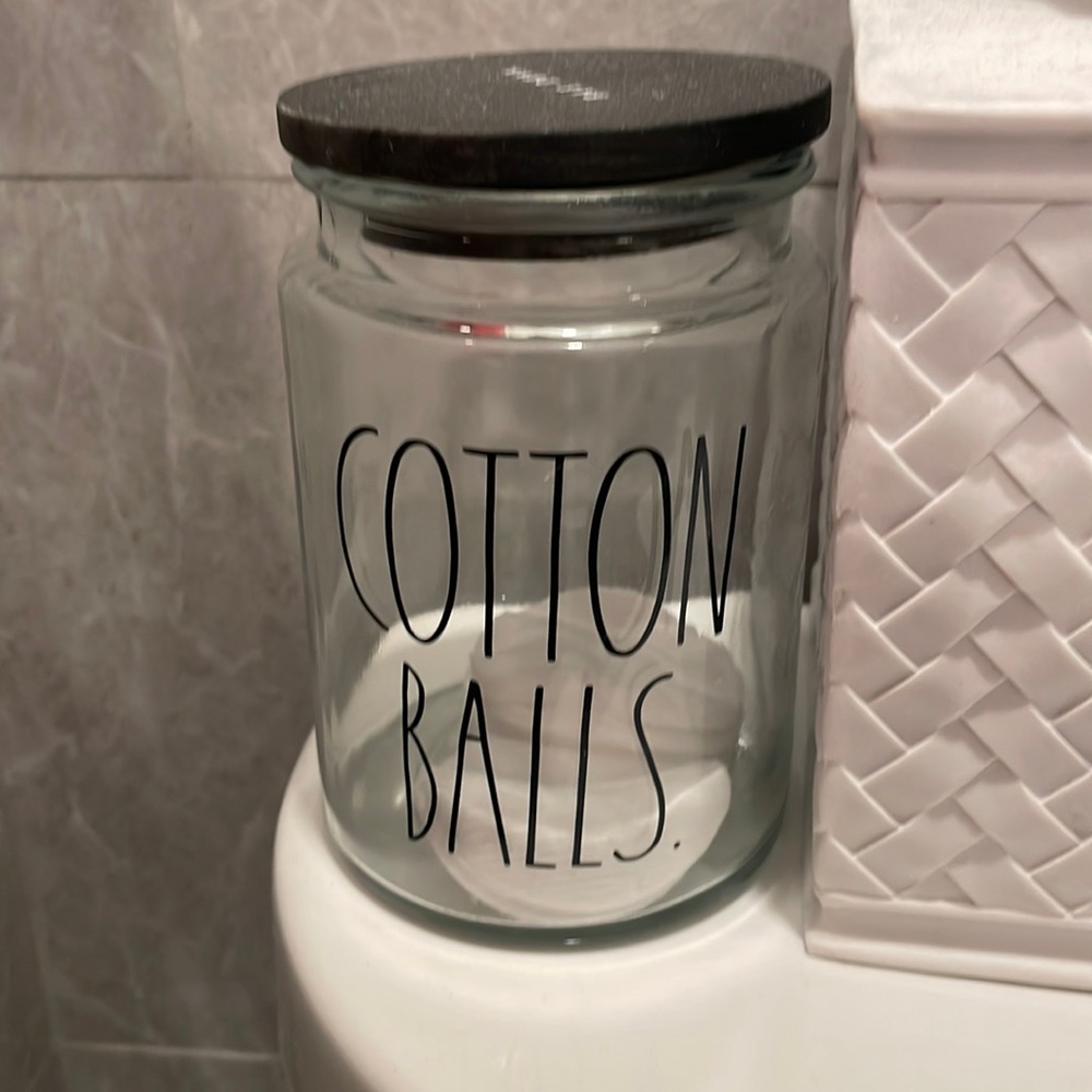 Used large Rae Dunn cotton balls glass jar